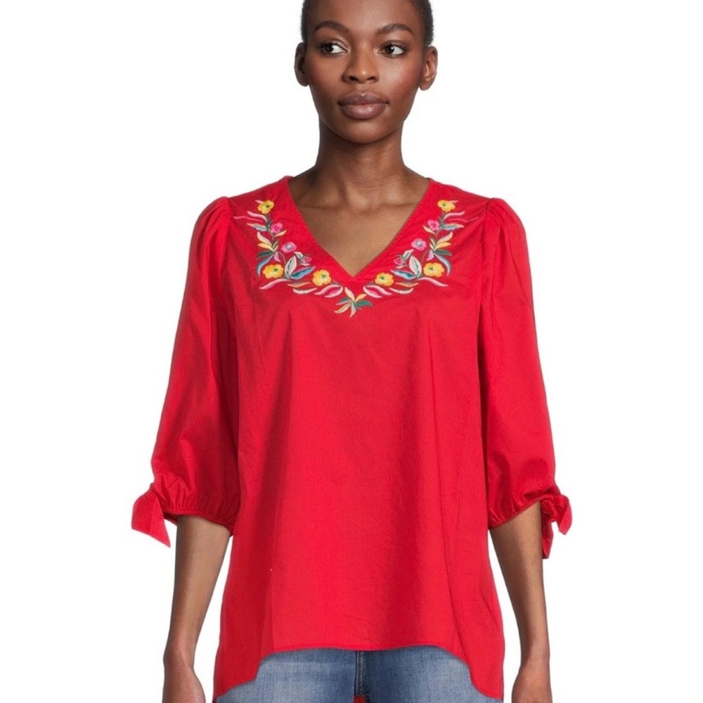 PIONEER WOMAN Floral Embroidered Tie Sleeve Blouse